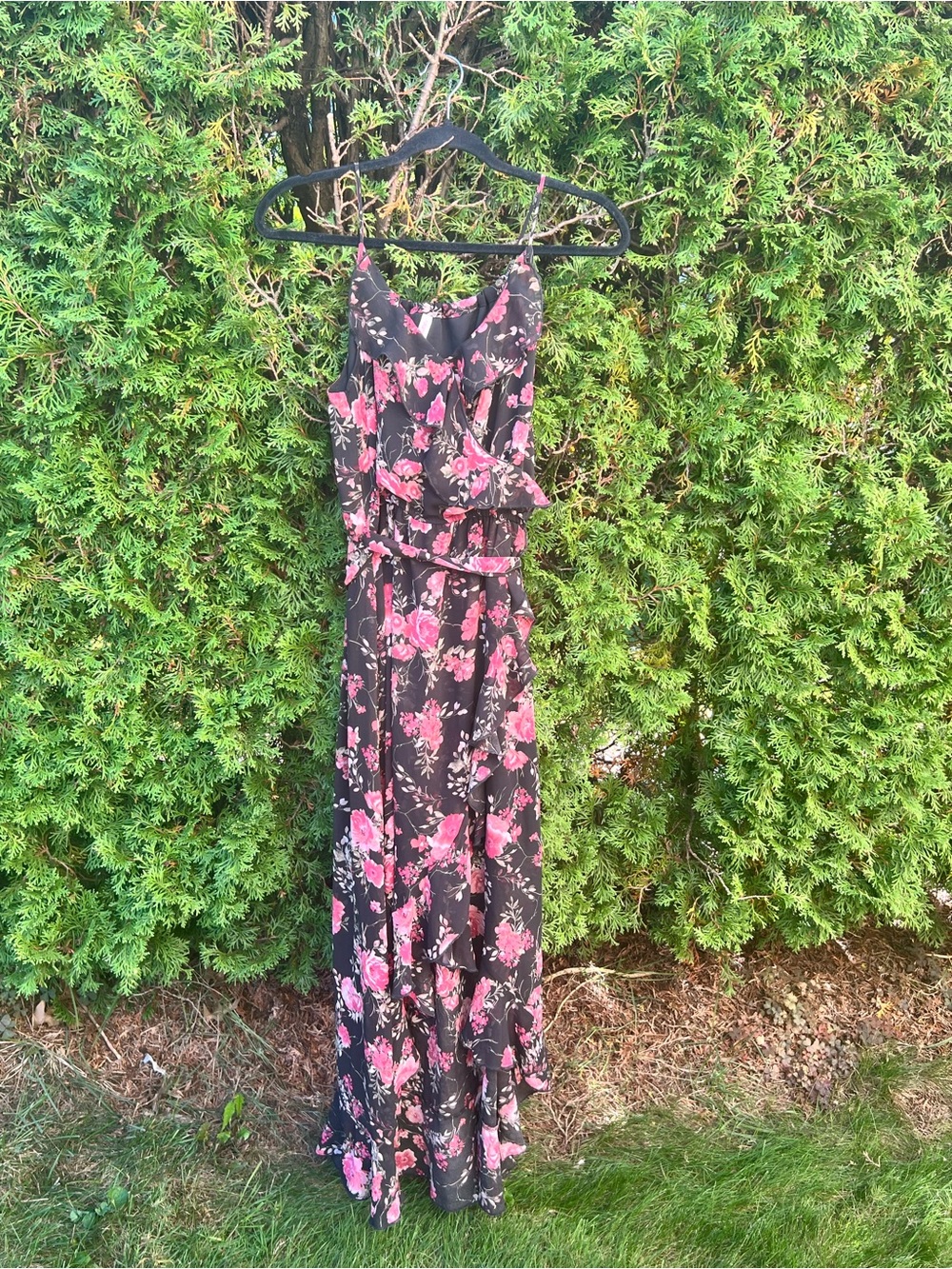 Xhilaration Black Maxi Dress with Pink Floral Print
